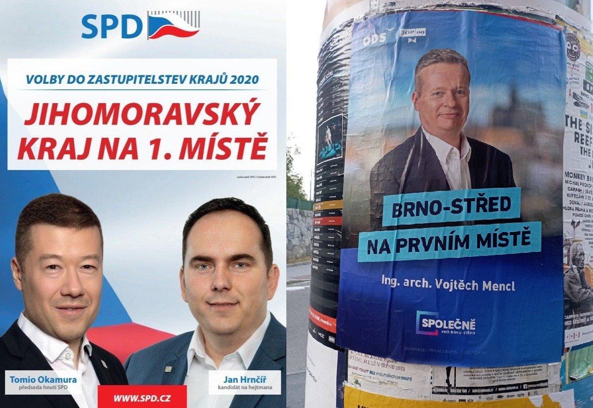 MOsouch's tweet photo. Strany se mění, vševypovídající hesla zůstávají. 🙂 Vlevo dva roky starý plakát, vpravo ten letošní. @Brnovoliradnici @PolitickyBizar https://t.co/hQNlfYpGAL