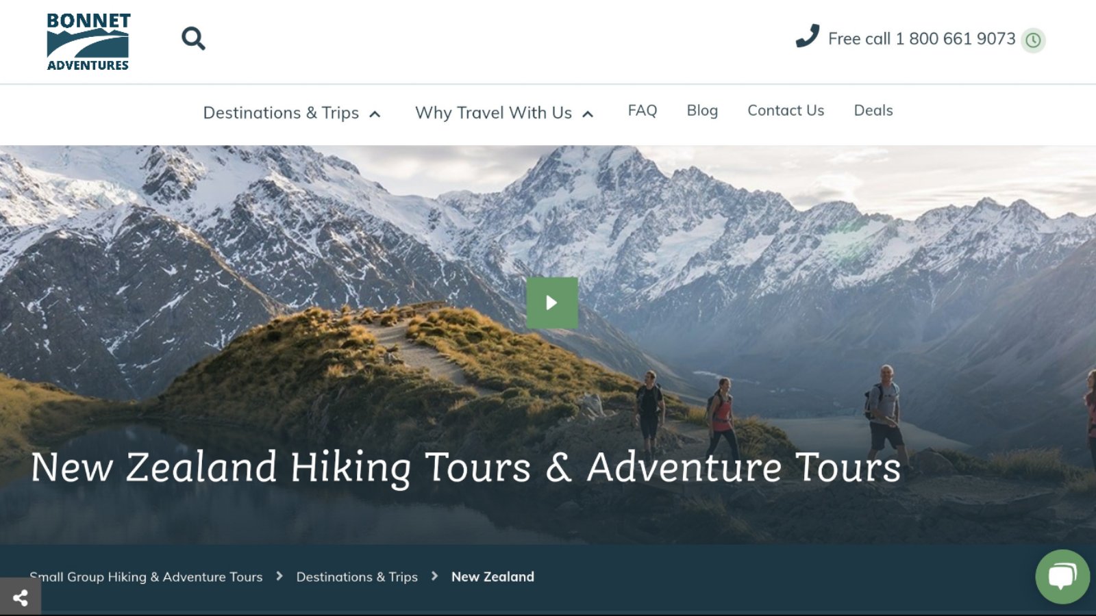 Bonnet Adventures webpage homepage, mountains and advertisements for tours