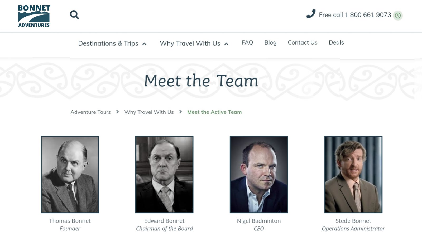 Bonnet Adventures staff page, depicting founder Thomas Bonnet, Chairman Edward Bonnet, CEO Nigel Badminton, and Operations Administrator Stede Bonnet