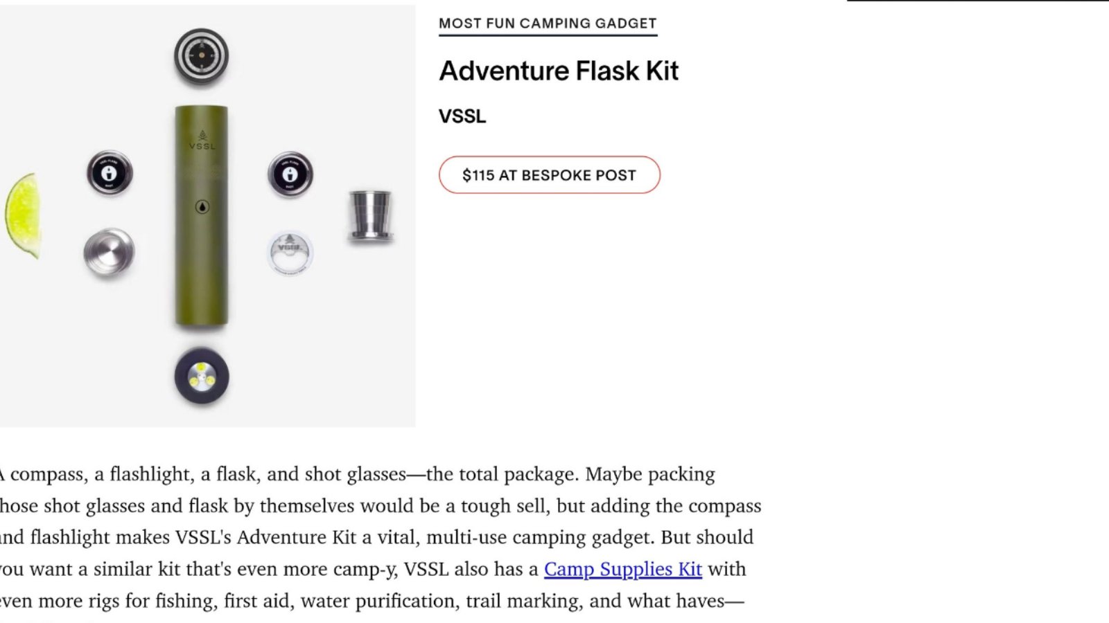 Website depicting an adventure flask, flashlight and compass combination