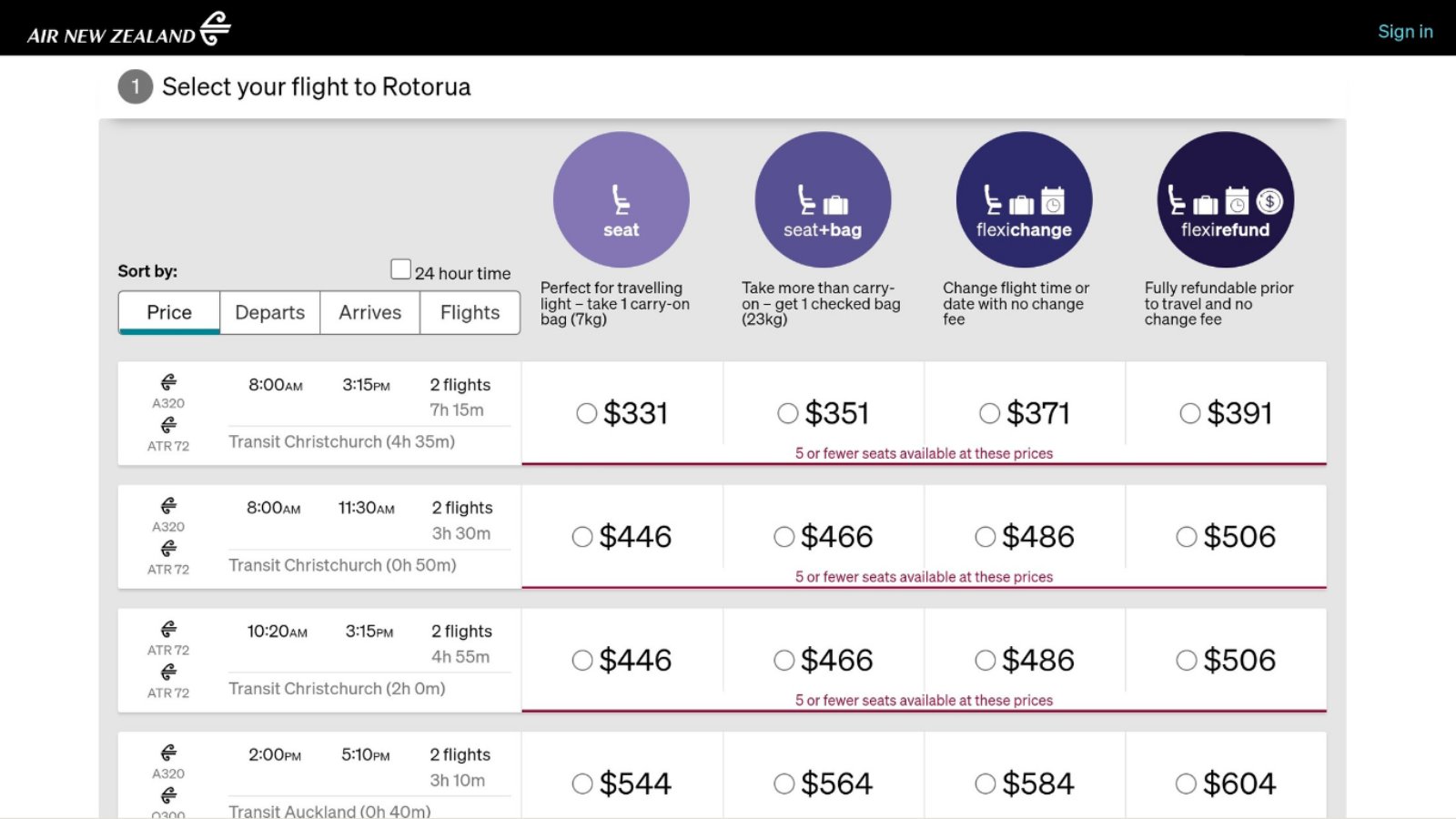 Webpage for flight booking, Queenstown to Rotorua