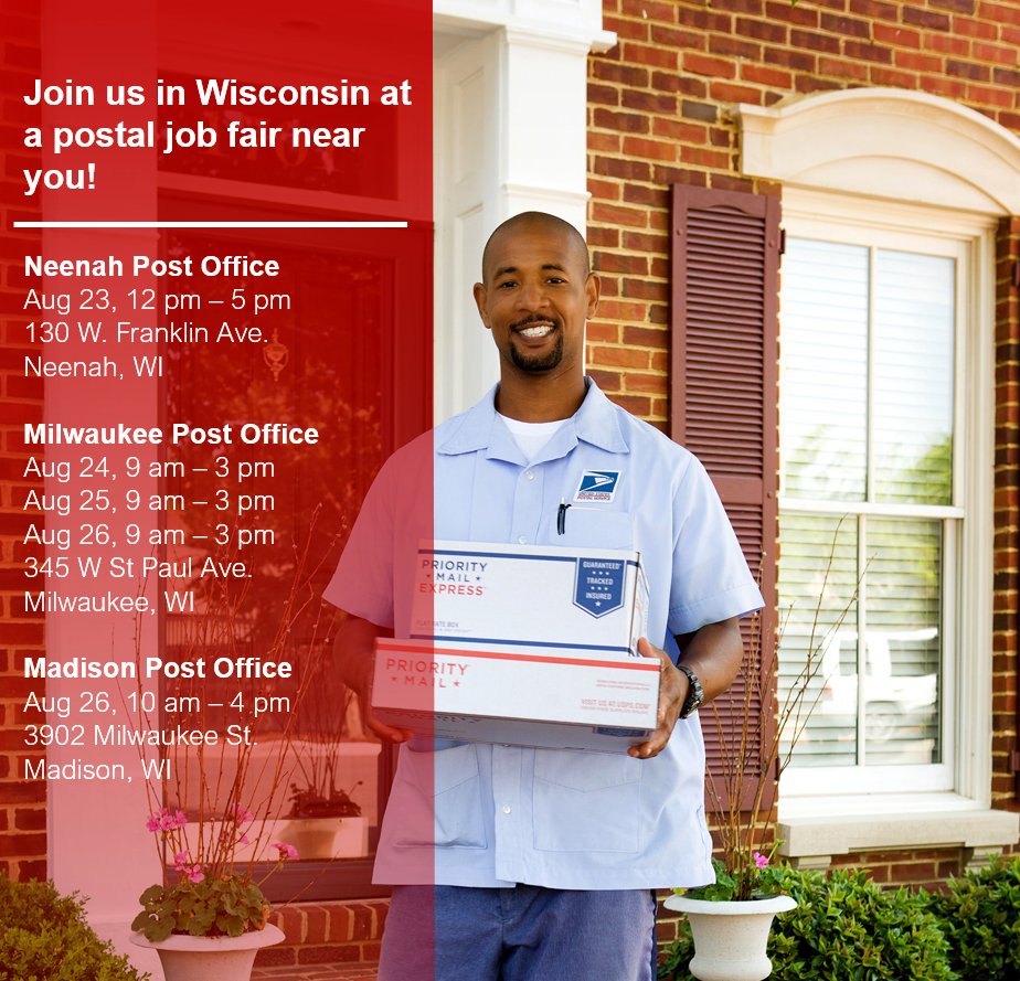 Join us in Wisconsin at a postal job fair near you! And for tips on where and how to apply: uspsblog.com/applying-for-a…

#USPSCareers #NowHiring #Jobs #JobSearch #Job #JobHunt #JobOpening #Hiring #Careers #Employment #opentowork #career #work #recruitment