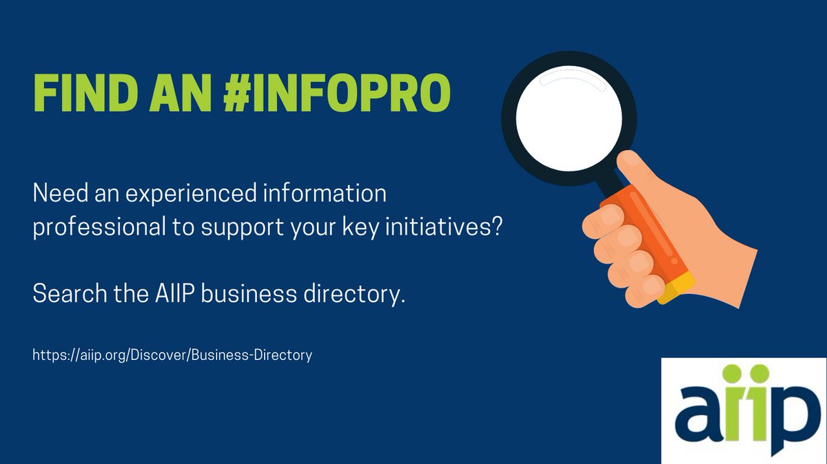 Do you need an #InfoPro? Search AIIP's business directory to find one who is the right fit for your needs at bit.ly/aiipdirectory. #consultant, #freelancer #informationspecialist #librarian, private investigator #OSINT prospect research, #KM #editor #writer #content creator.