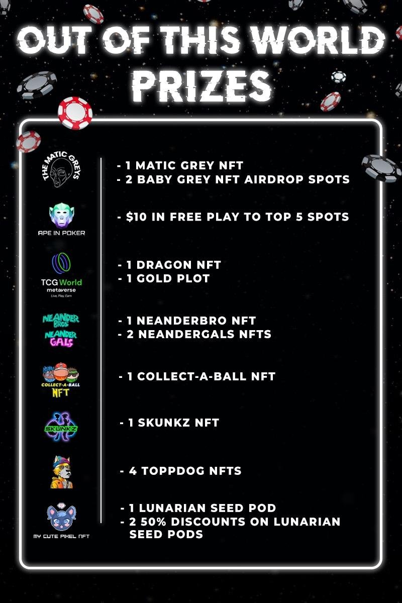✨Join us for <a href="/TheMaticGreys/">The Matic Greys</a>  x <a href="/ApeInPoker/">Ape In Poker</a>  Intergalactic Hodlers Hold 'Em Tournament!

🥳Amazing Prizes are being given away to winners! 

📅Event Date/Time: August 20th at 8:00pm EST  

👉Play Here: apeinpoker.com
