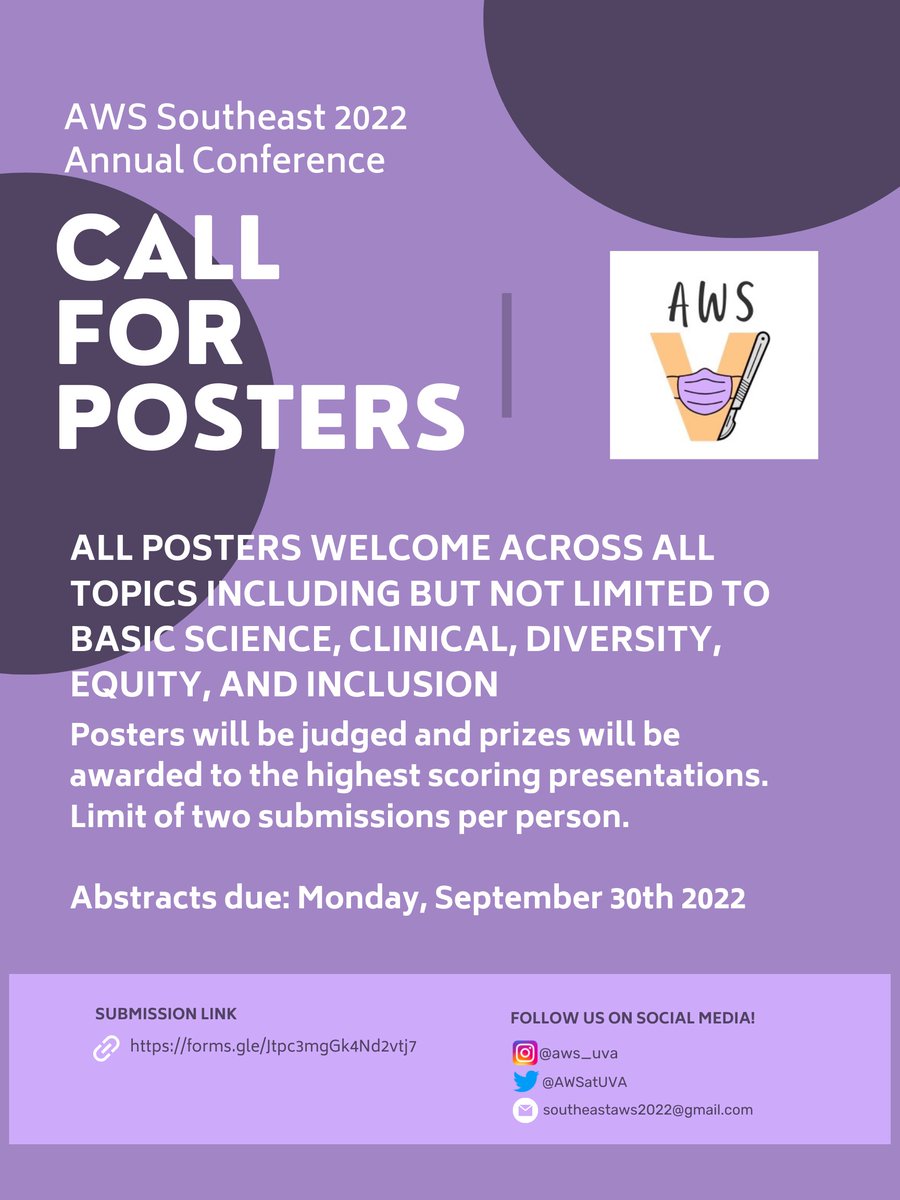 AWSatUVA's tweet photo. In addition to our speaker sessions, the AWS Southeast 2022 Annual Conference is also calling for poster submissions! Posters will be judged and prizes will be awarded to the top submissions.

Register: https://t.co/ORTuPgY05k
Submit your abstract: https://t.co/Q0JQLObpQd https://t.co/SG2i37ZdAg