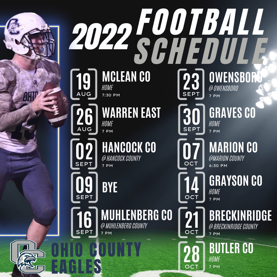 Countdown to Friday Night Lights!  First Game this Friday Night August 19th!! Come out and cheer on your Ohio County Eagles!  Note: Due to referee travel,  game time has changed to 7:30pm.