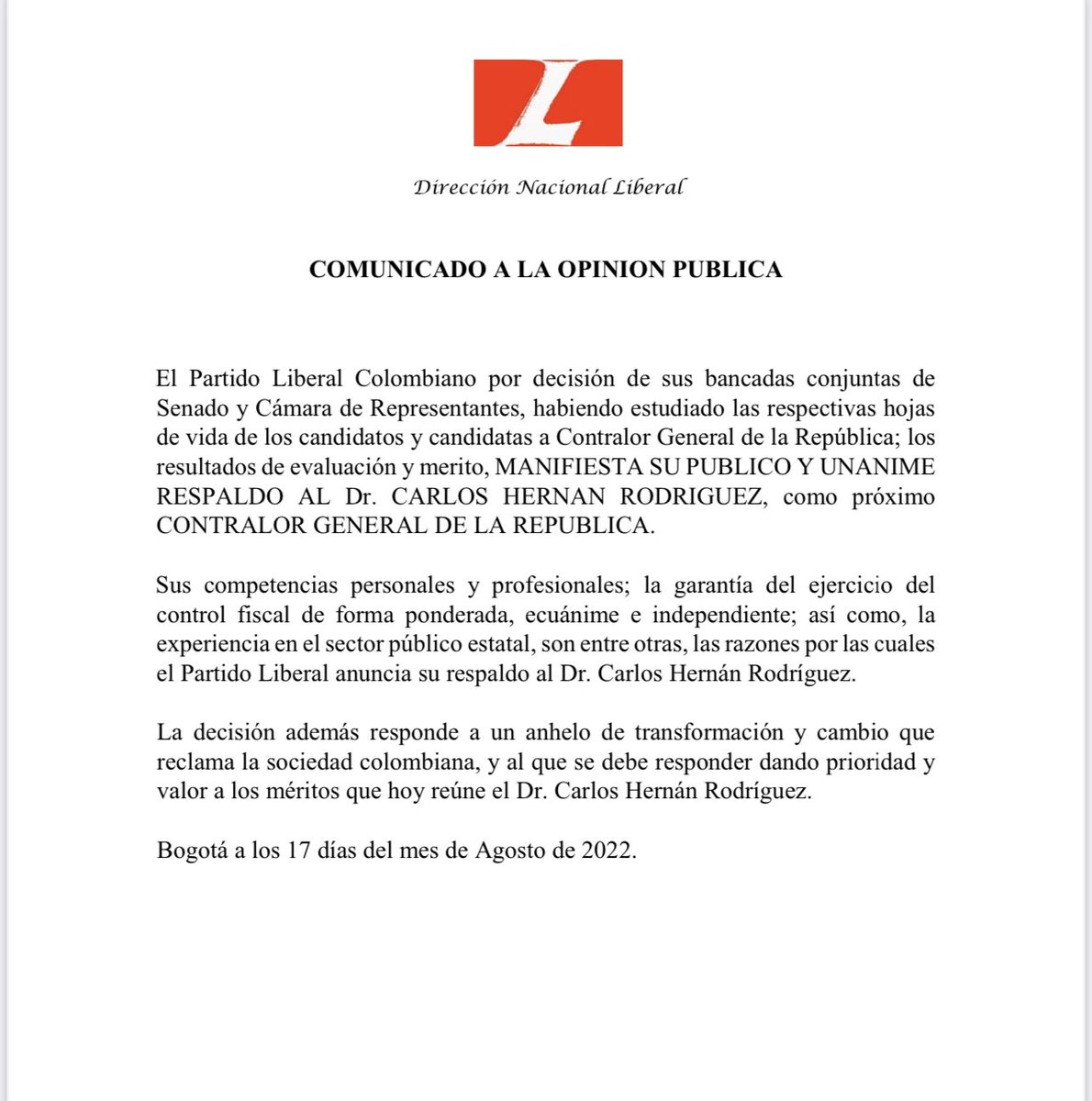 PartidoLiberal's tweet photo. El Partido Liberal  por decisión de sus bancadas de Senado y Cámara, al estudiar las hojas de vida de los aspirantes a Contralor manifiesta su público y unánime respaldo al Dr Carlos Hernan Rodriguez ,como próximo CONTRALOR GENERAL DE LA REPUBLICA. @PartidoLiberal https://t.co/LpZRPhH3w4