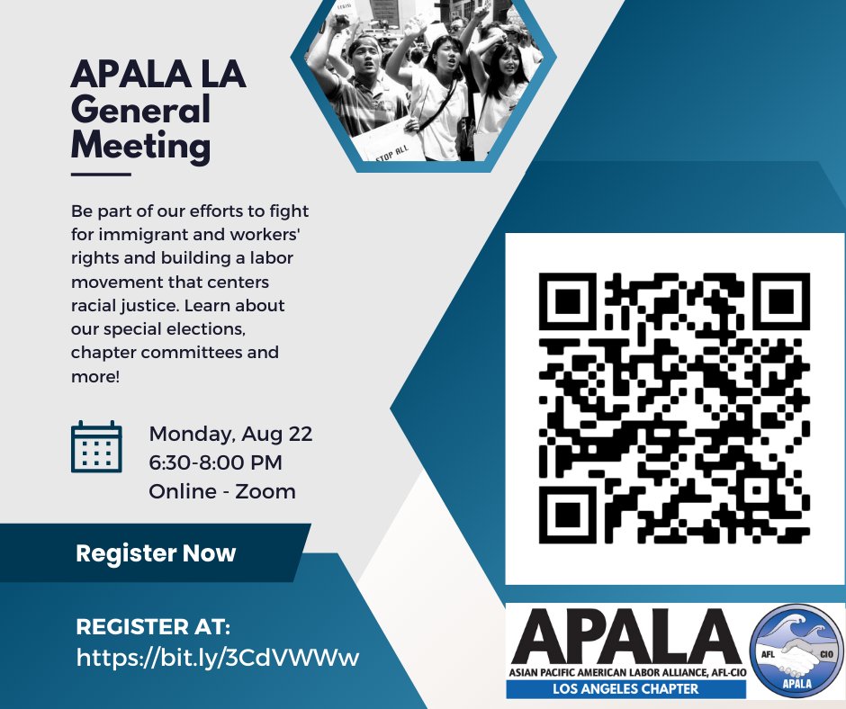 Join us for our August general meeting this Monday, August 22 @ 6:30pm! 

Connect with other AAPI union and community members and be part of our efforts to fight for immigrant and workers' rights and a labor movement that centers racial justice!

RSVP: bit.ly/3CdVWWw