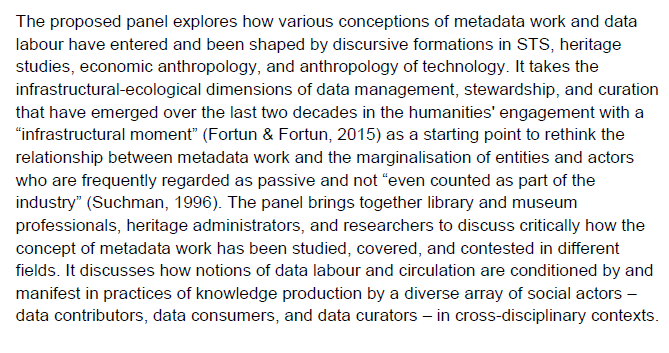 I'm organising a panel titled "Metadata work with a thousand faces: Data care and behind the scenes labour in cultural heritage" at @ STS-hub Germany in Aachen, 15-17 March 2023 (sts-hub.de). Panel of 5 contributions. DM if you want to join.