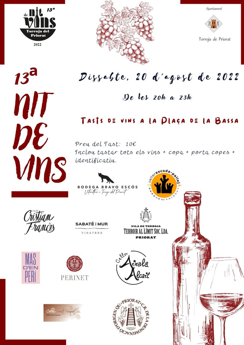 festival_terrer's tweet photo. Aquest dissabte Torroja del Priorat celebra la 13 edició de la Nit de Vins. Un tast molt recomanable i ben representatiu dels cellers de la vila. Serà al nucli antic a la plaça de la Bassa de les 20h a 23h.
🗓️ 20 d'agost 20 h
📍 Plaça de la Bassa
#nitdevins #torrojadelpriorat https://t.co/M9Hj0cHnMt