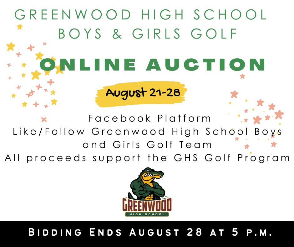 Save the date! Our FB auction will start Auction 21. All proceeds will benefit our GHS golf program. ⛳️💚💛. <a href="/GwoodHS/">Greenwood High School🐊</a> <a href="/AdamHatcherGW/">Adam Hatcher</a> <a href="/DrakesCreekMS/">Drakes Creek Middle</a> <a href="/GHSGatorSports/">Greenwood Gator Athletics</a> <a href="/WarrenCoSchools/">Warren Co Schools</a>
