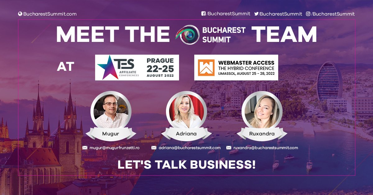 🤩 Meet the dream-team, and book a meeting! The #bucharestsummit team is happily announcing its attendance at @TheEuroSummit and @webmasteraccess conferences