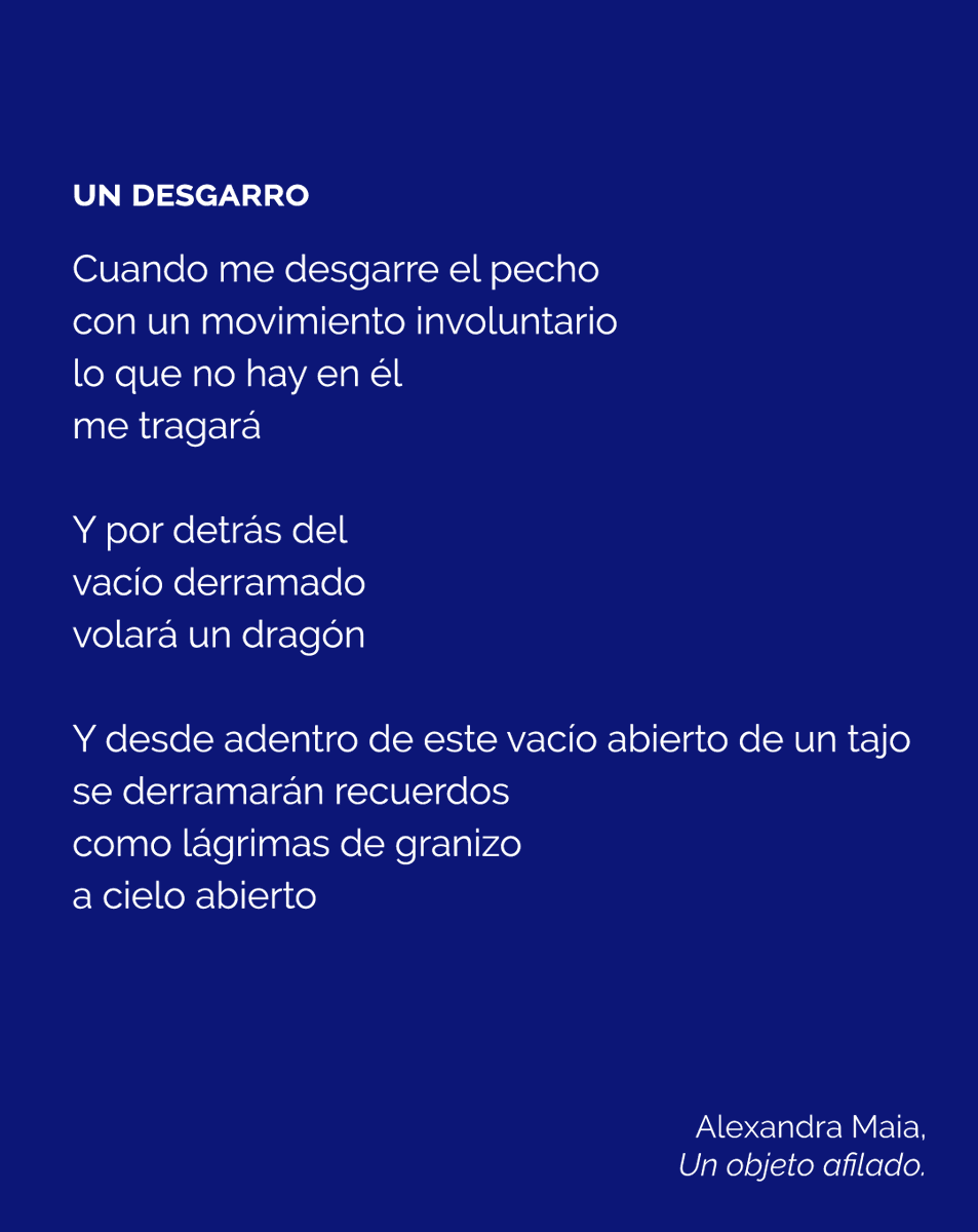 EVestigio's tweet photo. Hoy compartimos un poema de "Un objeto afilado", el libro en el que Alexandra Maia tensa el lenguaje para crear un desgarro, una herida que raya a través del cotidiano y nos muestra una búsqueda del deseo que transforma sus versos. 

Disponible en https://t.co/Au4219mzTe 💙 https://t.co/iNDrAcVILV