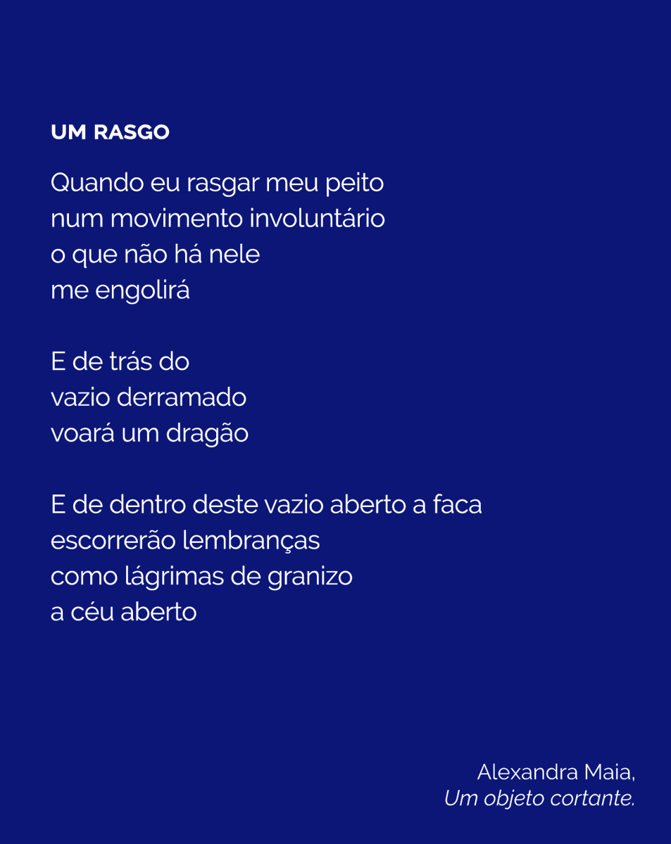 Hoy compartimos un poema de "Un objeto afilado", el libro en el que Alexandra Maia tensa el lenguaje para crear un desgarro, una herida que raya a través del cotidiano y nos muestra una búsqueda del deseo que transforma sus versos. 

Disponible en bit.ly/objetoAfilado 💙