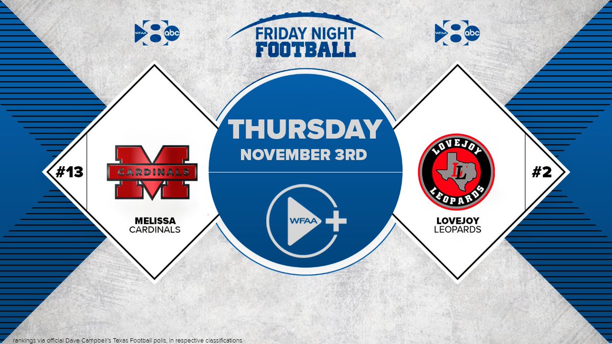 WEEK 11 on FRIDAY NIGHT FOOTBALL

What may just end up as a defacto district title game, as <a href="/FootballMelissa/">Melissa Cardinal Football</a> visits <a href="/LovejoyFootball/">Lovejoy Football</a>.

A special Week 11, Thursday night edition. Watch live on the @WFAA YouTube channel, AmazonFireTV, Roku, and the brand-new WFAA+.