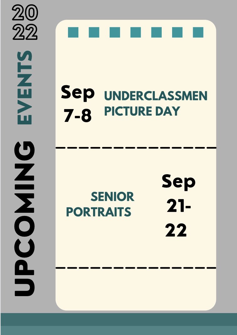 Yearbook_NF's tweet photo. ❕IMPORTANT EVENTS❕
Underclassmen picture day will take place September 7-8 in the commons. 
Note, this is only for freshmen, sophomores, and juniors. 
—
Senior portraits will take place September 21-22 in the commons. 

Look your brightest! 🌳 https://t.co/cD93uNE3Vd