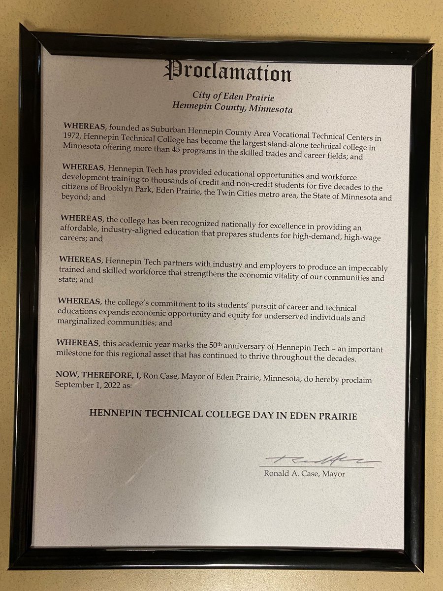 HennepinTech's tweet photo. Last night, Eden Prairie's Mayor presented Hennepin Tech's president with a proclamation. Sept. 1 is "Hennepin Tech Day" in recognition of our 50th anniversary. THANK YOU Eden Prairie for your partnership.    
#HTC50 #studentsuccess #handsonlearning @MinnStateEdu #EdenPrairie https://t.co/zkiux5086q