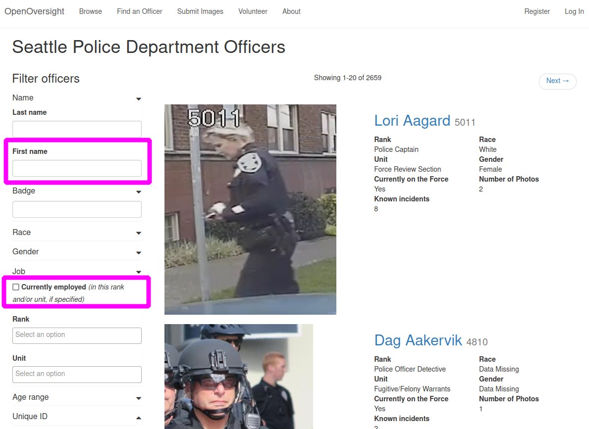 TechBlocSEA's tweet photo. It's been a minute, but we're here with an update! We pushed out some changes to https://t.co/JEFRo18CU5 which will now let you search for officers by first name, and search only officers who currently have the rank/unit you're searching for. Try it out!

#Seattleprotests https://t.co/ek1rdcdlQN