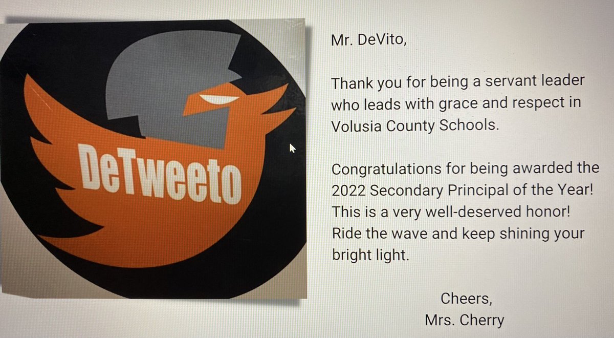 I have surprised countless folks with #DeTweeto awards, but just received my very own #DeTweeto. Thank you @UHS_Lorax. This really made my day… #DeTweetos4Life