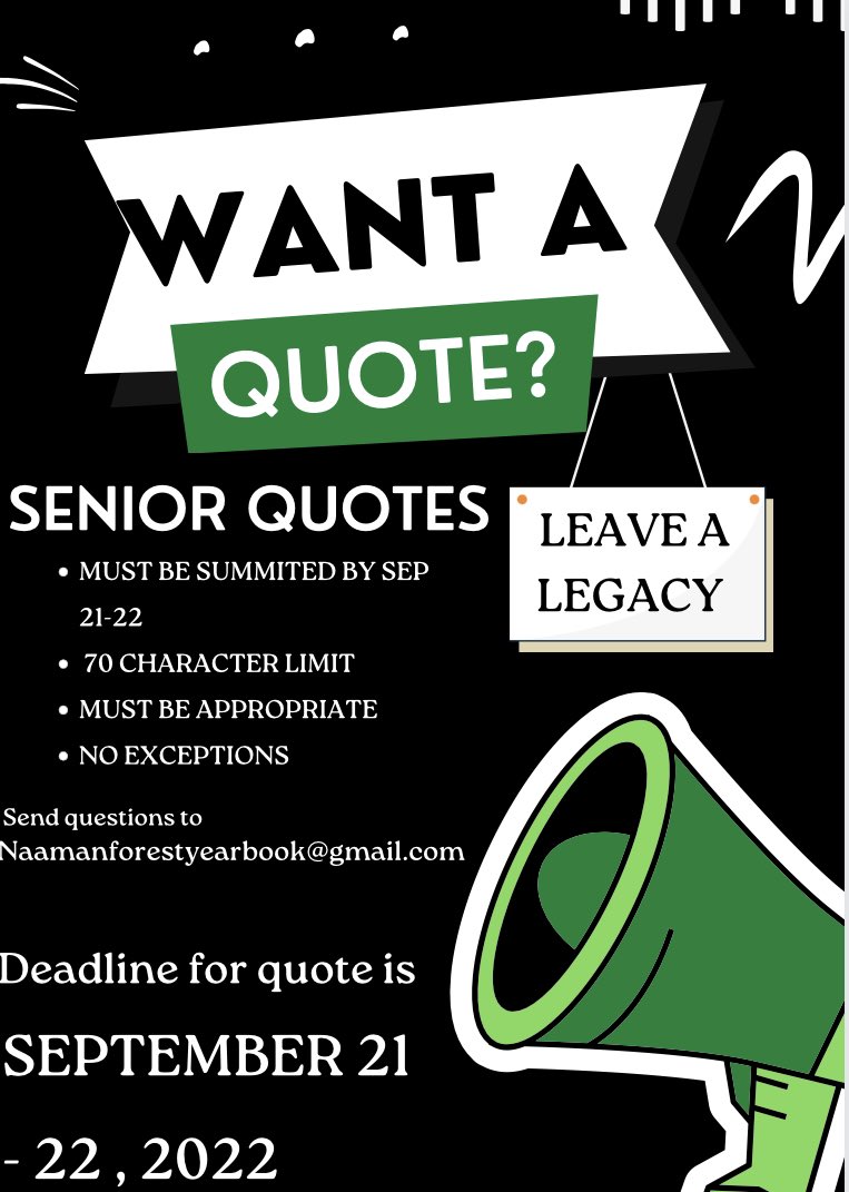 Yearbook_NF's tweet photo. ATTENTION ALL SENIORS❕
Make your last year in the yearbook creative and unique with a quote! Senior quotes will be submitted by google form in the commons during senior portraits. Meaning, you MUST have your quote by senior portrait day (September 21-22). Be creative! 🌳 https://t.co/KCiNc0ZK9V