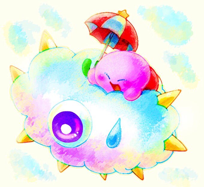 kirby umbrella sweatdrop closed eyes no humans open mouth one-eyed smile  illustration images