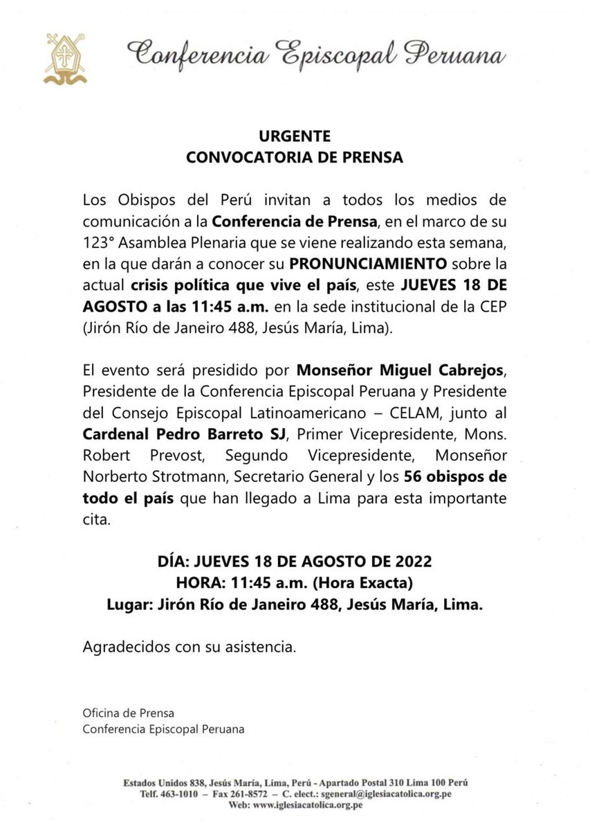 conf_episcopal's tweet photo. #Urgente #ConferenciadePrensa Los 56 Obispos de todo el Perú se pronunciarán este JUEVES 18 de agosto a las 11:45 a.m. sobre la actual crisis política del país. Los esperamos en nuestra sede institucional. #transiciondemocratica (1/2) https://t.co/mzL6UyPN9o
