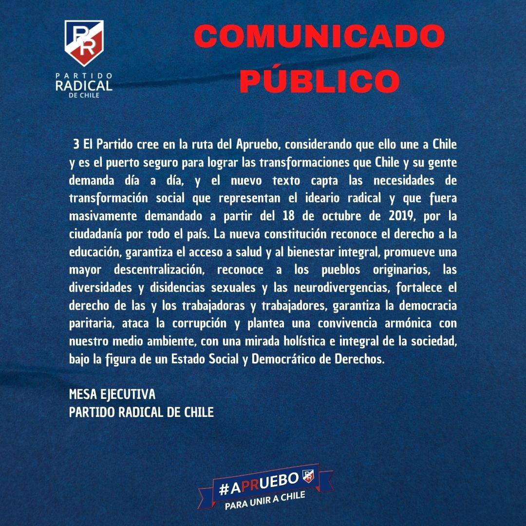 PRadicalcl's tweet photo. 🔴 COMUNICADO 👇
Mesa Nacional del PR informa sobre situación de diputado Ind en Bancada radical Andrés Joaunnet y de militantes que han defendido opción Rxchazx para Plebiscito 🇨🇱

#aPRueboParaUniraChile https://t.co/gg29nNNroK