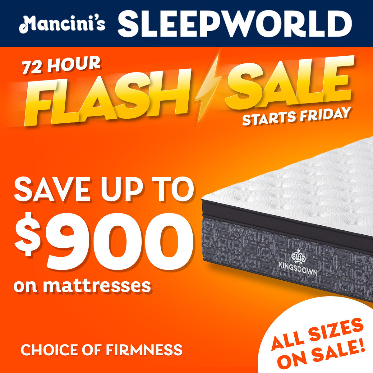 MancinisSleep's tweet photo. 72-Hour Flash Sale! ⚡

Save up to $𝟵𝟬𝟬 on luxurious mattresses.

See the website for details: https://t.co/dEiRhkyjrd

Starts Friday.

#flashsale #luxuriousmattresses #mattresssale #sale #mattress #sleepworld #mancinisleepworld https://t.co/67cEvEC69e
