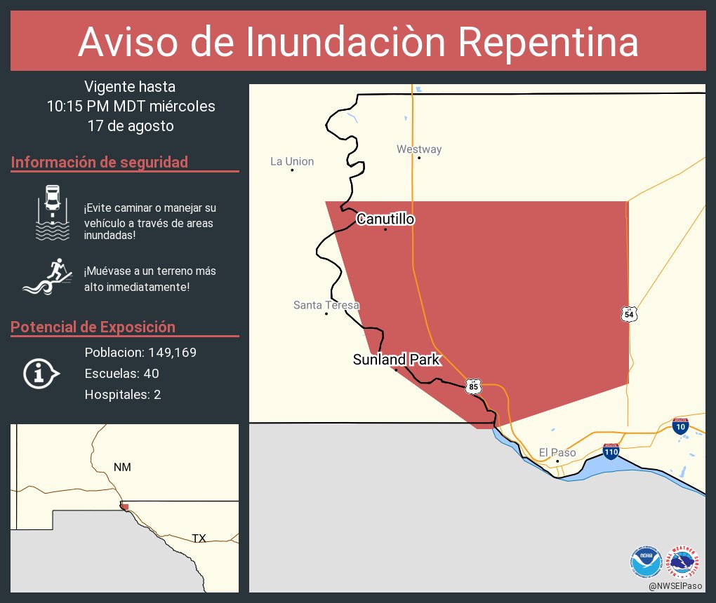 Aviso de Inundacion Repentina incluye Sunland Park TX, Canutillo TX hasta las 10:15 PM MDT
