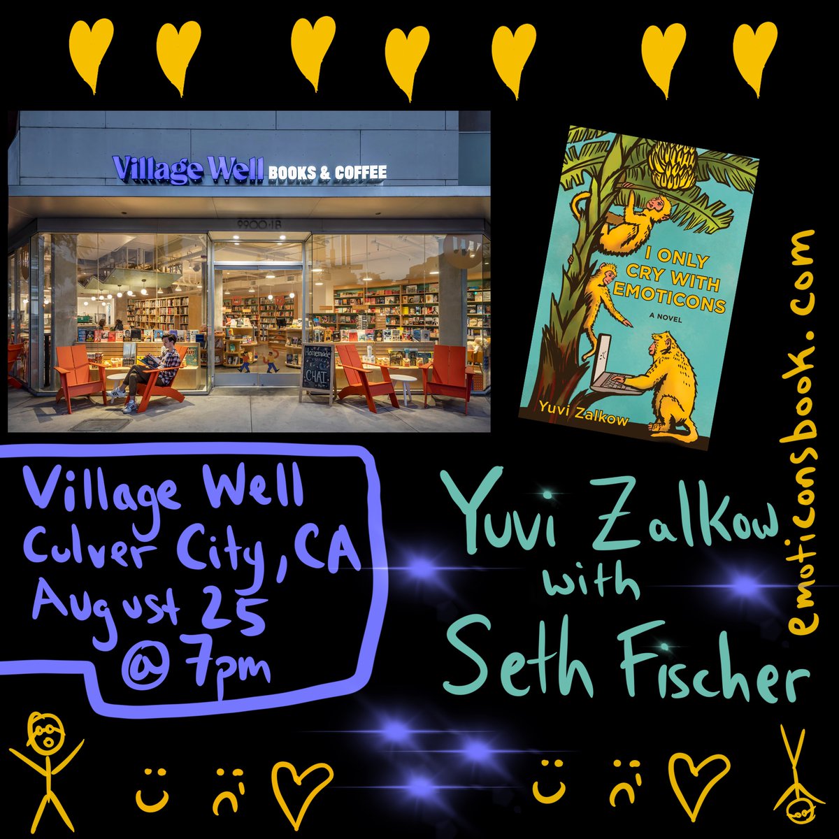 Looking for some literature and laughs? @YuviZalkow has both and will be sharing them with the crowd and guest @sethfischer at @villagewellcc TOMORROW at 7:00pm in Culver City! Get there early and catch the fun!