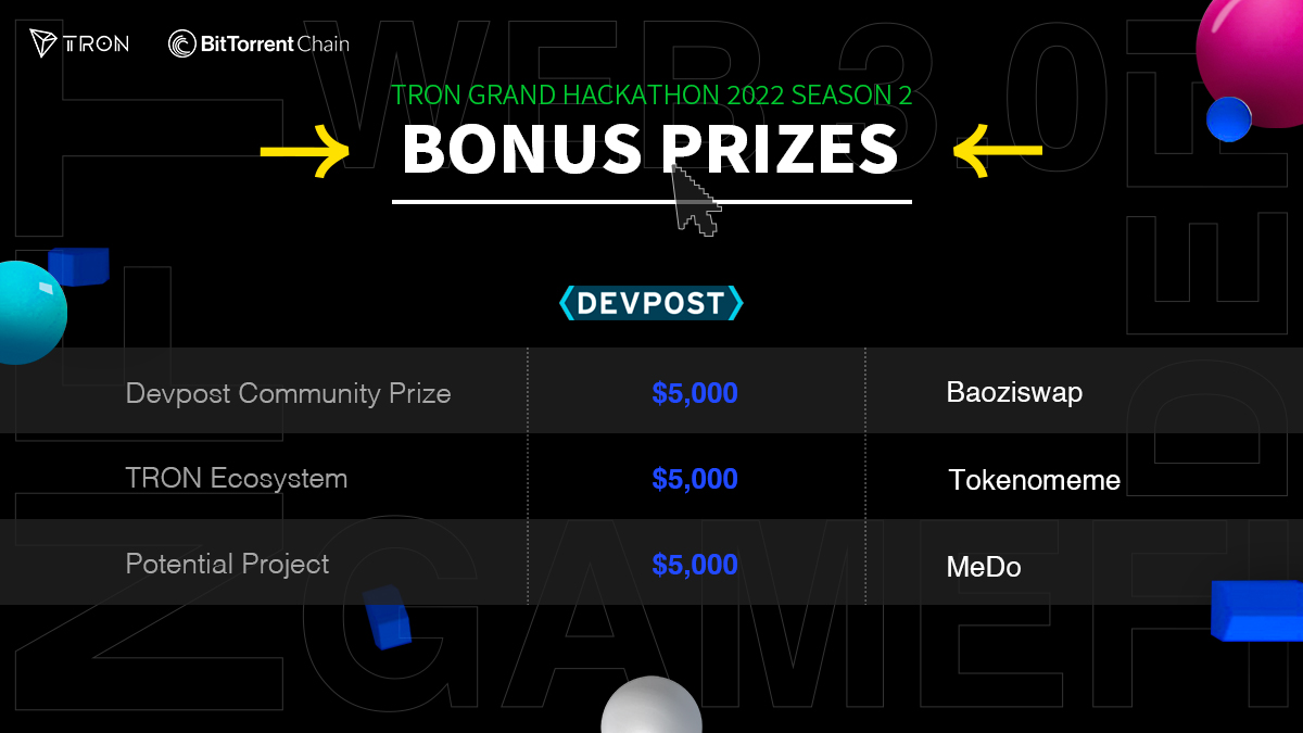 trondao's tweet photo. Who won the #BonusPrizes of the #TRON #GrandHackathon2022 Season 2?
Check out the graphic below! 👇
#TronStrong💎 #sTRONgerTogether #hackathon #Winners 🔥 https://t.co/2L5WojGk0v