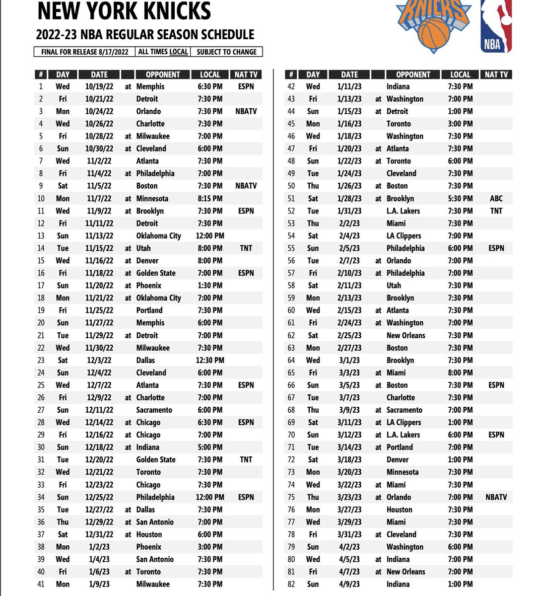 boardentmt's tweet photo. #Knicks 2022-2023 schedule https://t.co/KUqllUgpd2