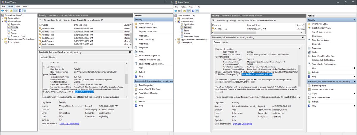 _st0pp3r_'s tweet photo. I don't know if it's out there, but there is another way to abuse the #LOLScript pester.bat
Instead of /help, you can simply run pester.bat ;calc.exe
It will leave a different signature which evades some of the detections I have seen online relying on the invocation of Get-Help https://t.co/7vXHUCRyEO