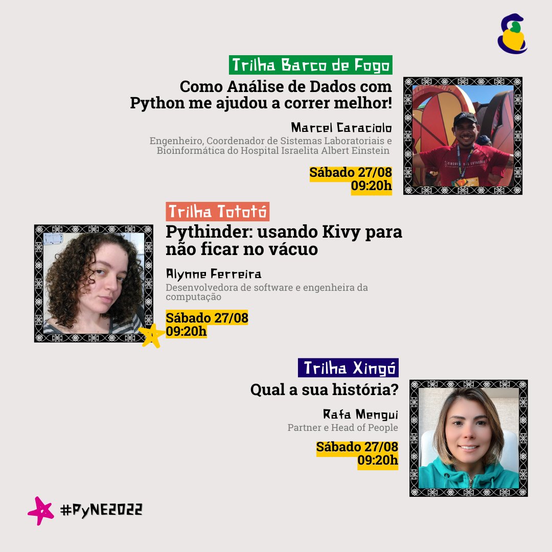 PythonNordeste's tweet photo. Dia 2 (Sábado 27/08) da Python Nordeste 2022. Vai ficar de fora dessa?

 #PyNe22 🐍

#PythonNordeste #python #comunidadepython https://t.co/DiXSG5f4Yk