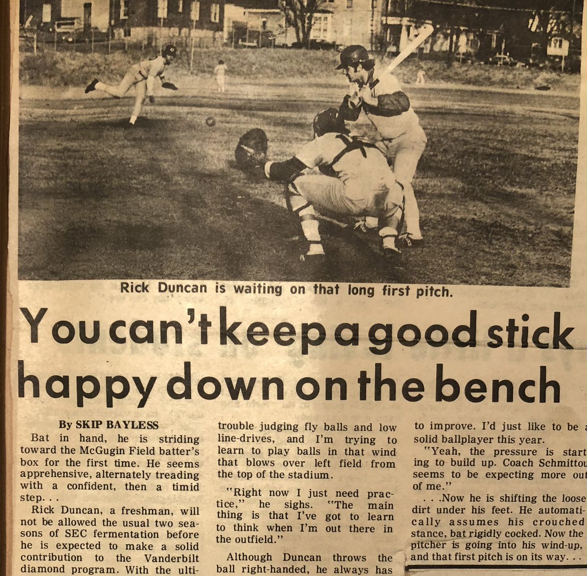 richardduncan's tweet photo. Going through a box of old papers in our Ohio basement. Stumbled across an article that @RealSkipBayless wrote about Vanderbilt baseball and me 51 years ago. Thanks, Skip! Honored then, honored now. @VandyBoys #vintagebaseball https://t.co/KPqwLQeUxy