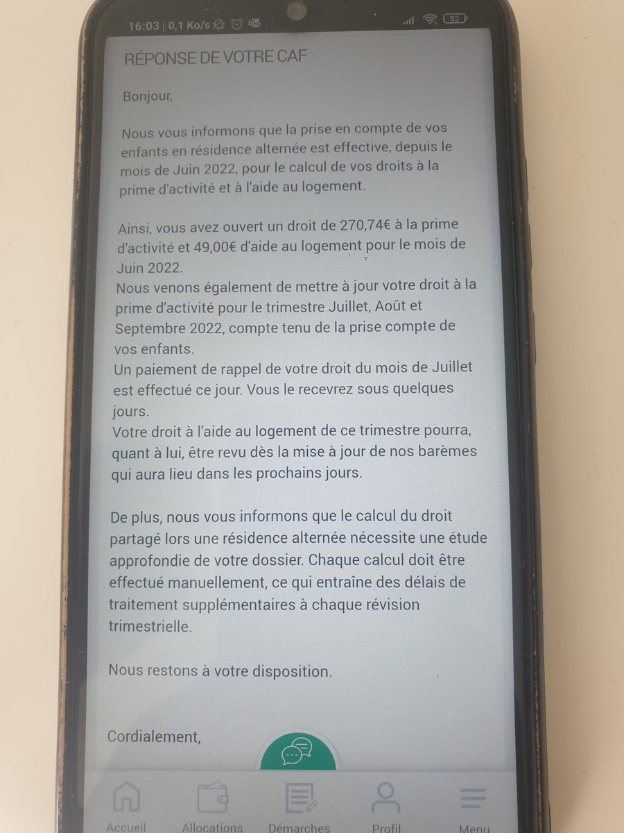 WntD19's tweet photo. Voilà, enfin une réponse écrite de la position de ma CAF.
Maintenant on va lancer une demande de rétro activité.
Parce qu'il n'y a pas de raison que chez papa, il n'y ait pas les mêmes droits.
Des années à me démerder juste avec mon salaire, fini les poches remplies sur mon dos. https://t.co/egtsskRSLU