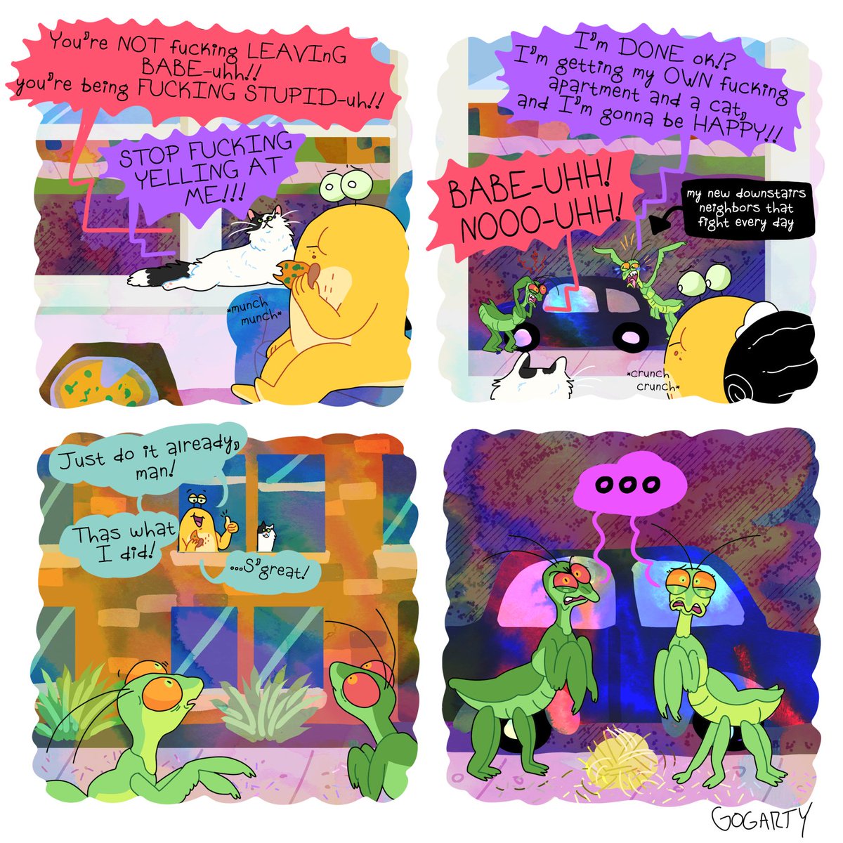 itslittletunny's tweet photo. IF YOU ARE GONNA FIGHT IN FRONT OF MY PIZZA YOU ARE OPEN TO COMMENTS AND SUGGESTIONS!!

a week ago they huge fight where he hid her keys while her mom was at the hospital or somethin, &amp; she has not returned since. Good for you bro! I drew u as a mantis cause I hoped you'd eat him https://t.co/DynS6fqXr2