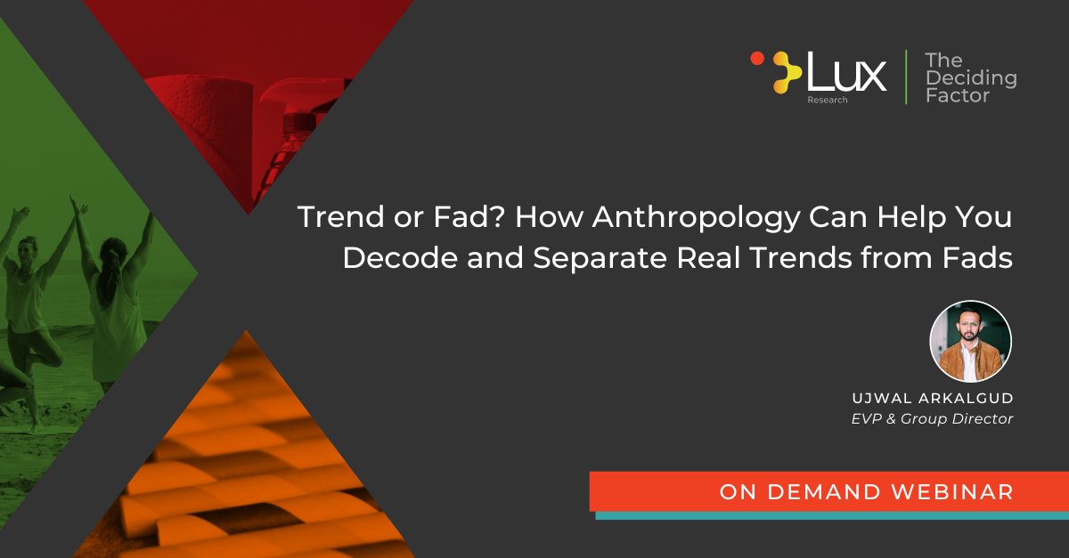 LuxResearch's tweet photo. In this on-demand webinar, we illustrated how structural anthropology can be a critical tool to help you cut through the hype and identify the actual spaces of emerging demand. #anthropology #innovation #trends

Watch it now: https://t.co/tKD1HTJCPc https://t.co/gnCU92xSU2