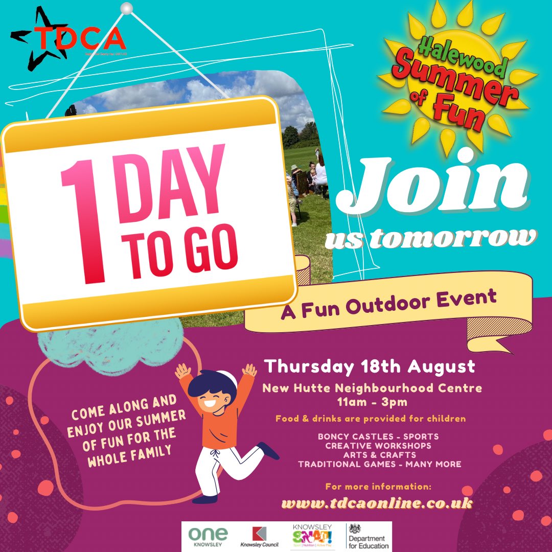 We have 1 day left of our Summer of Fun ☀️

Join us tomorrow:

📍 Thursday 18th August
📍 11-3pm
📍 New Hutte Neighbourhood Centre

#HAF2022 #helpinghalewood #summeroffun