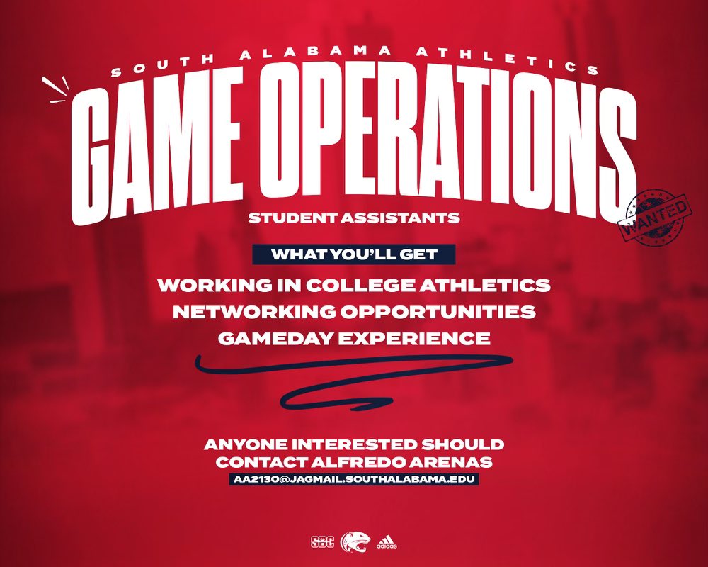SouthAlabamaFGO's tweet photo. Who is looking for a job in college athletics???? @usa_sga @UofSouthAlabama @SouthAlabama #JagNation https://t.co/RXAa3kY1j1