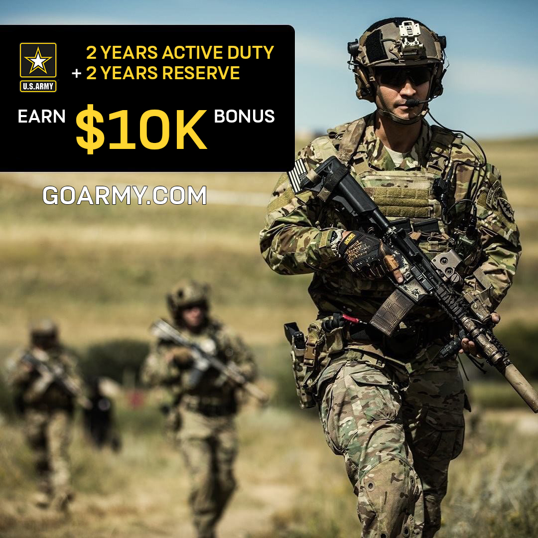 The Army is offering bonuses up to $10,000 for a quick 2+2 contract. Serve 2 years on Active Duty and 2 years in the Army Reserve. Lifetime benefits and opportunities for a short commitment. Contact us today to learn more!

#ArmyTeamChicago #goarmyreserve #JoinUs #CallToService