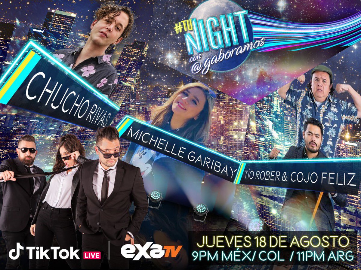 exatv's tweet photo. 🌃 Este jueves en #TuNight
No te pierdas a @GaboRamos y a @Daanikmichell con invitados de lujo 🤩
Nos acompaña con música en vivo @michellegaribaydiaz + entrevistas con #tiorober + @cojofeliz + @chucho_rivass 🙌🏻
Horarios
⏰: 3PM por #ExaTv
⏰: 9PM por Facebook y TiKTok Live. https://t.co/9kHsvKzBO2