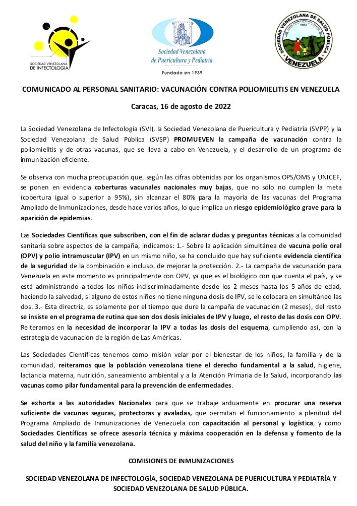 AleCrespoF's tweet photo. Vacunación contra Poliomielitis en Venezuela. Comunicado conjunto de @SVPediatria @svinfectologia y @svsp1952 

Las coberturas vacunas son muy bajas, lo que implica riesgo grave

Hay suficiente evidencia científica de seguridad de combinación OPV e IPV

La indicación es temporal https://t.co/QWiVywVIFM