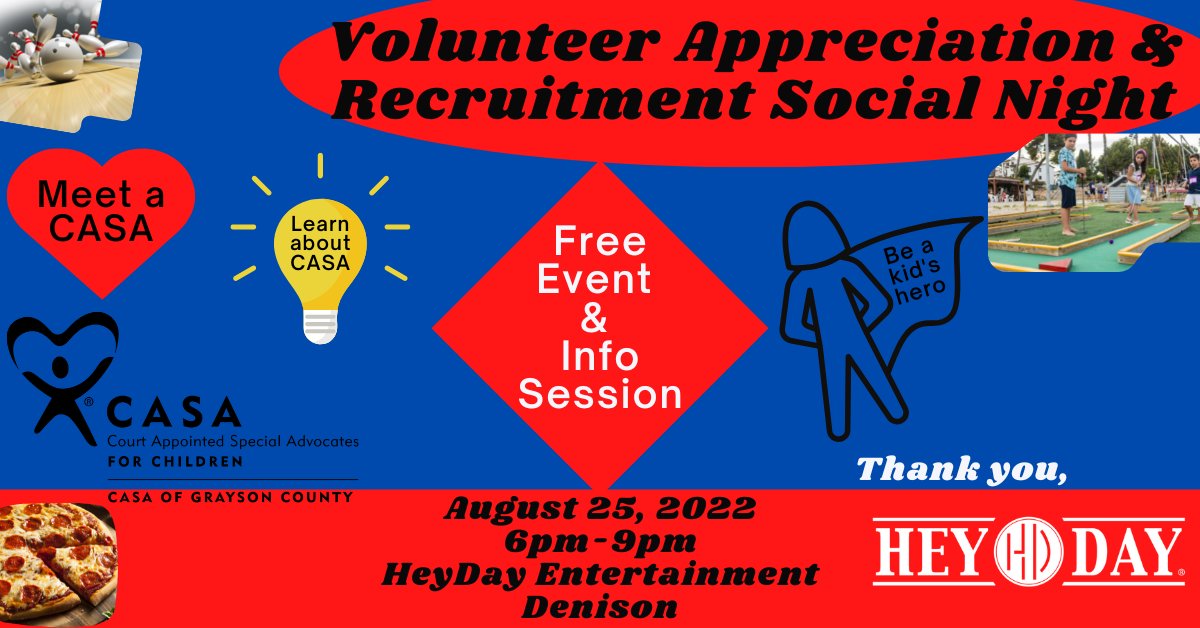 Interested in serving children in our community? Curious about what a CASA Volunteer Advocate does? Join us at HeyDay, in Denison, on August 25th for our FREE fun and info session. 
Buy your FREE ticket on our FB events page.