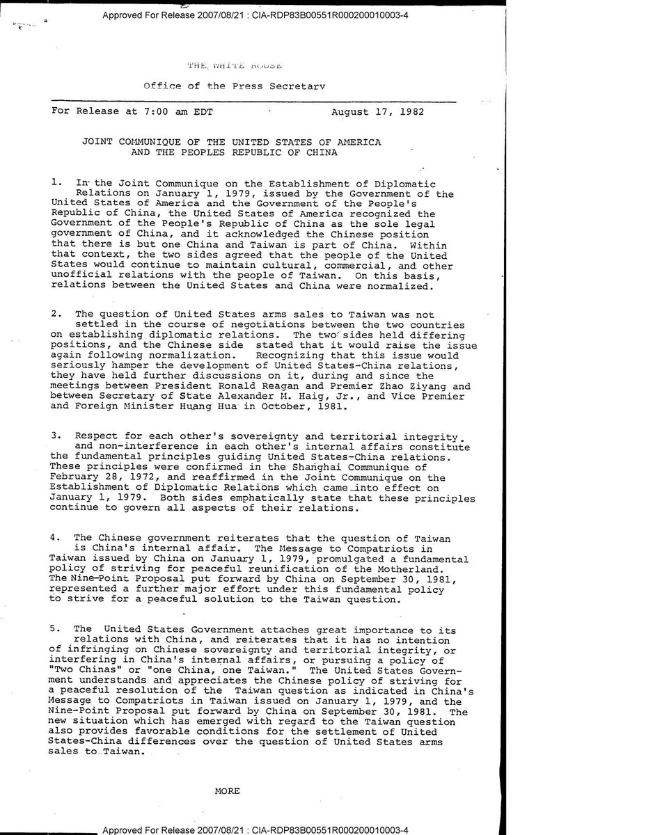 china_embajada's tweet photo. El 17 de agosto de 1982, China y EE.UU. firmaron un comunicado conjunto, donde EE.UU. prometió disminuir y cancelar la venta de armas a Taiwan, en pro de una solución pacífica de la cuestión de Taiwan. 
Mientras durante 40 años no hemos visto este compromiso cumplido. https://t.co/6DE29ajSt1