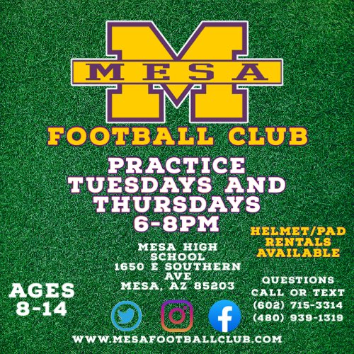 MesaFBClub's tweet photo. Still accepting players for our 10u, 11u, 12u, and 14u teams. Questions? Let us know https://t.co/pyhBfiUcZb