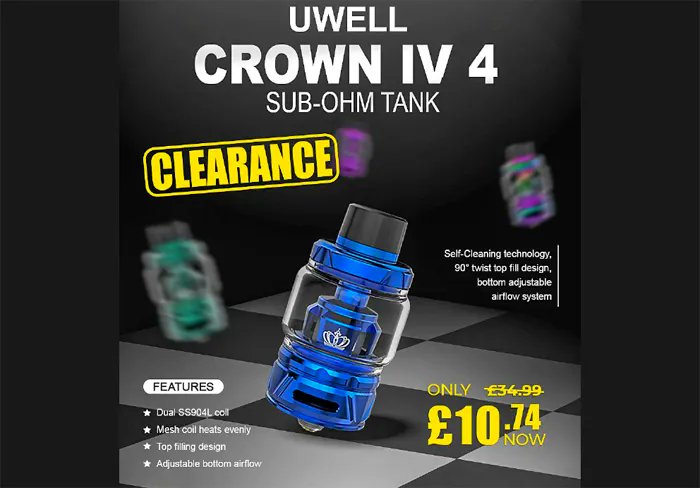 EcigClick's tweet photo. Wow this is a #bargain! Get your hands on the Uwell Crown 4 Tank for only ยฃ10.74 over at New Vaping ! More details here... https://t.co/XIvIZyhqVV #NewVaping #Uwell #Crown4 #Vape #Ecigclick https://t.co/R7xQ5r8x8u