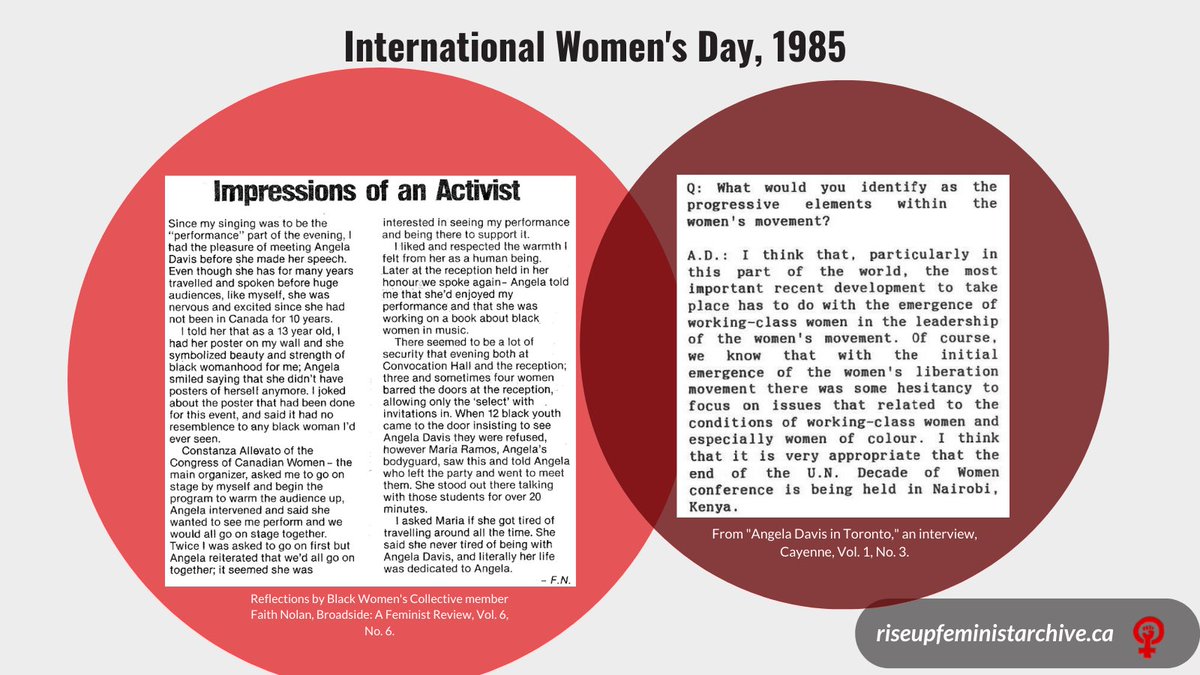 RiseUpArchive's tweet photo. Did you know? Angela Y. Davis has made several historic visits to Canada. Here we've highlighted some archival material from her visit to Toronto in 1985 for International Women's Day and again in 1988 for a Black History Month event hosted by the Black Women's Collective. https://t.co/PsdUlov3gq