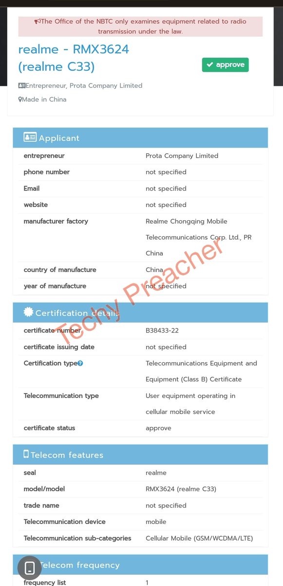 TechyPreacher's tweet photo. Realme C33 4G Spotted on the NBTC certification with
Model no: RMX3624
5000mAh
NFC
launching soon in India 🇮🇳 & Globally 🌍
#realme #realmeRMX3624
#Realne #RealmeC33
https://t.co/dSwdQMAoBC https://t.co/nV0DJ2EmSA
